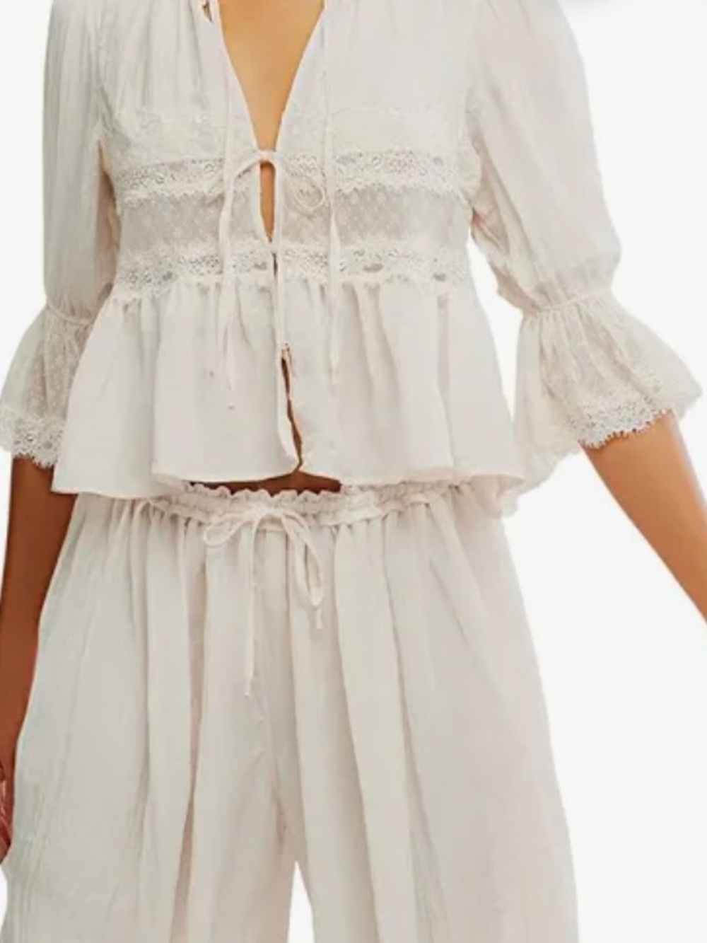 Free People Intimately NWT Forever Young Bed Jacket Cream Lace-Trim Peasant Top - Picture 4 of 7